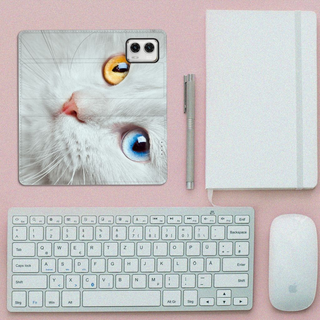 Motorola Moto G73 Hoesje maken Witte Kat design hoesje bovenaanzicht