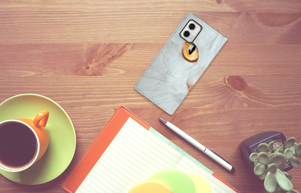 Motorola Moto G73 Hoesje maken Witte Kat design hoesje aanzicht