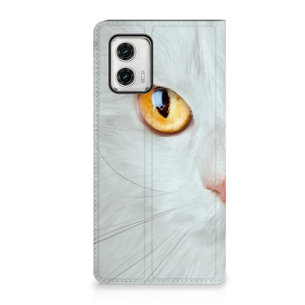 Motorola Moto G73 Hoesje maken Witte Kat stand case witte kat aanzicht