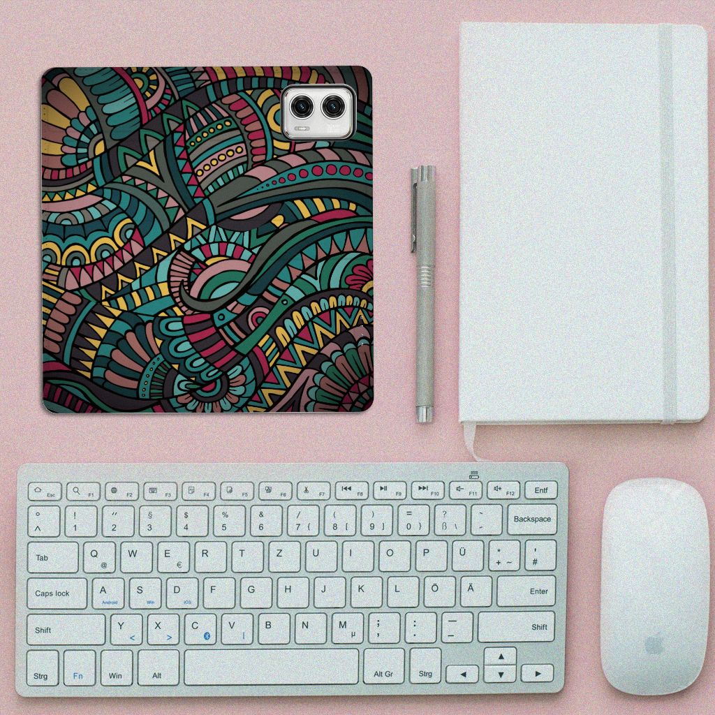 Motorola Moto G73 Hoesje met Magneet Aztec artistiek retro design bovenaanzicht