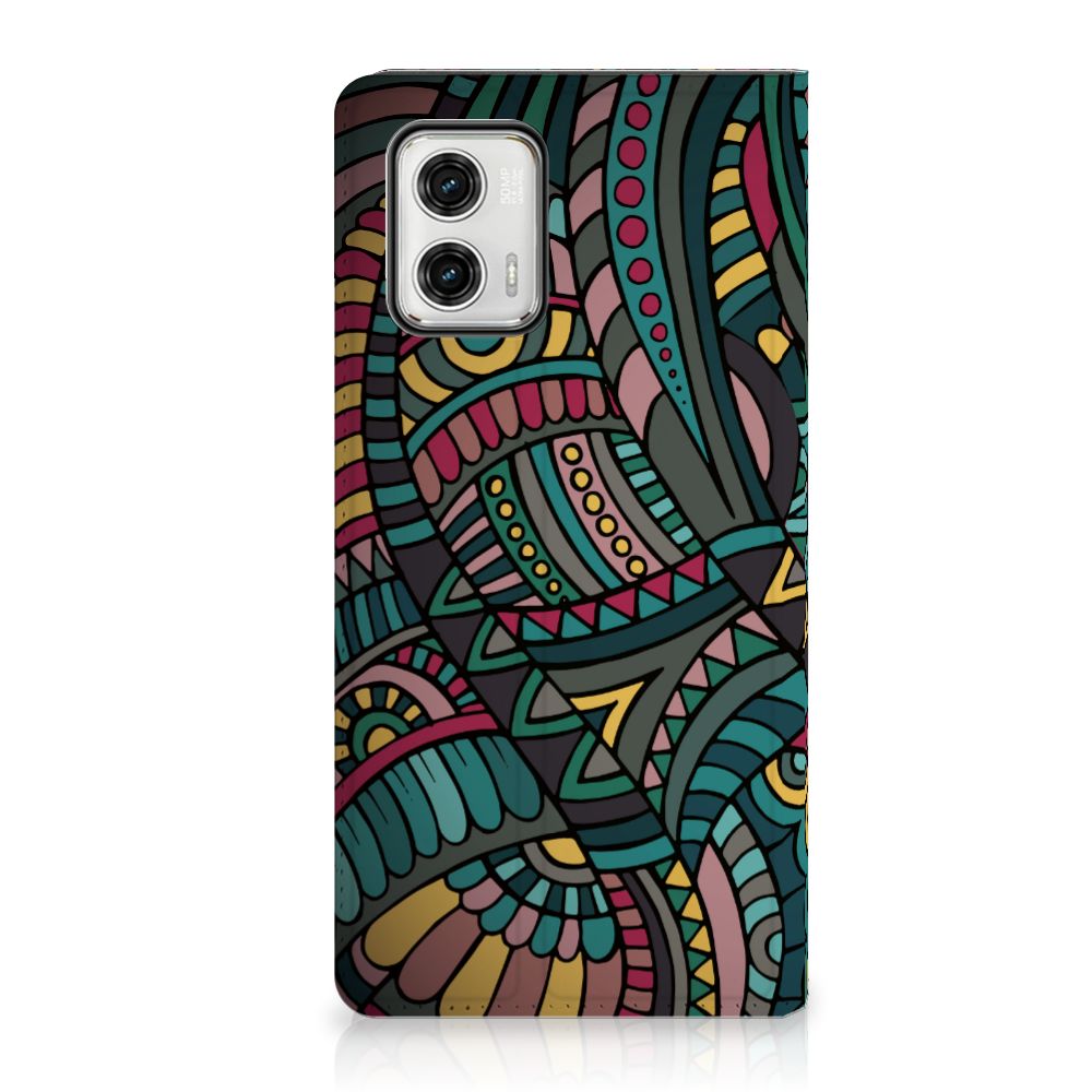 Motorola Moto G73 Hoesje met Magneet Aztec retro kunstzinnig kleurvol ontwerp aanzicht