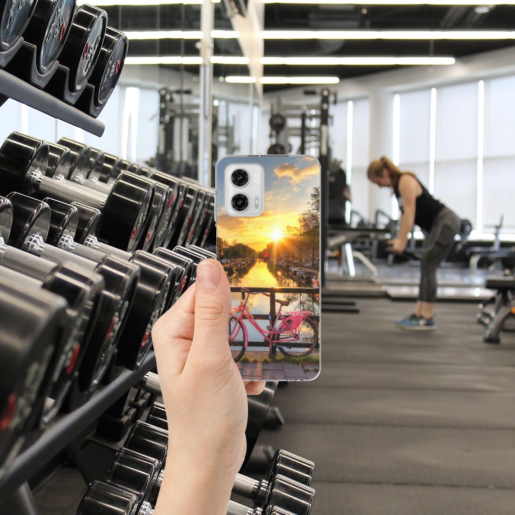 Motorola Moto G73 Siliconen Back Cover Amsterdamse Grachten aanzicht hand gym