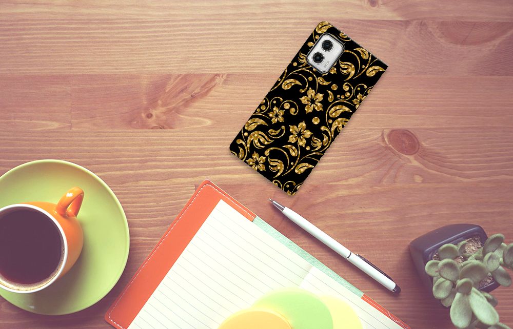 Motorola Moto G73 Smart Cover Gouden Bloemen zwart goud