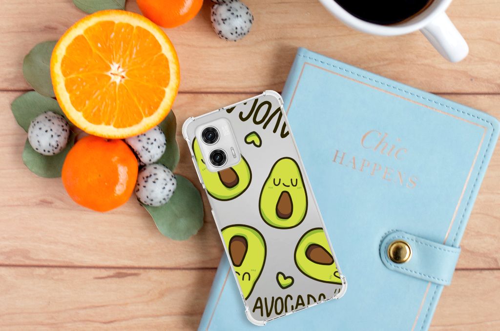 Motorola Moto G73 Stevig Bumper Hoesje Avocado Singing bovenaanzicht telefoonhoesje avocado's