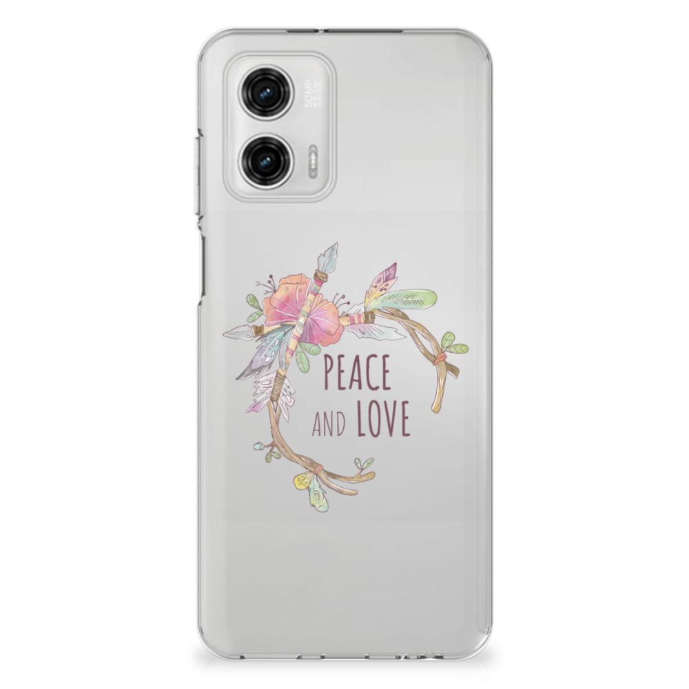 Motorola Moto G73 Telefoonhoesje met Naam Boho Text design Peace Love aanzicht