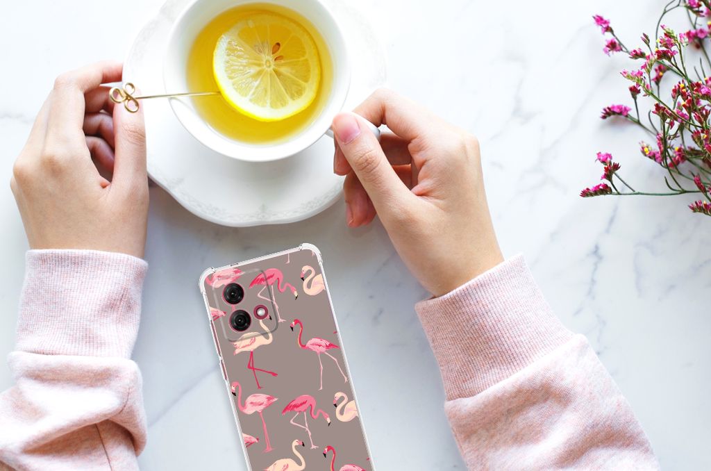 Motorola Moto G84 Case Anti-shock Flamingo hands holding cup tea top view