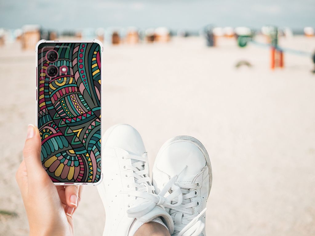 Motorola Moto G84 Doorzichtige Silicone Hoesje Aztec design kleurrijk aanzicht