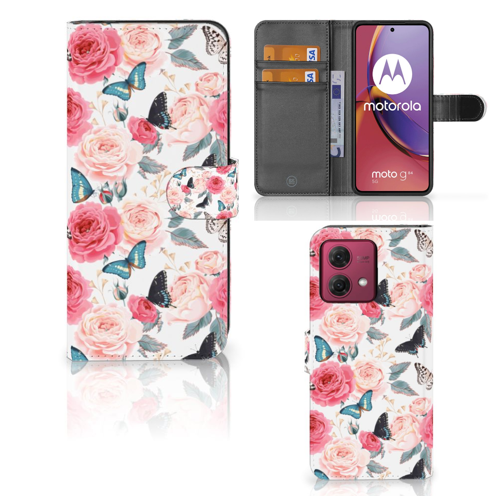 Motorola Moto G84 Hoesje Butterfly Roses met romantische rozen en vlinders voor perfecte bescherming en uitstraling 🌹🦋