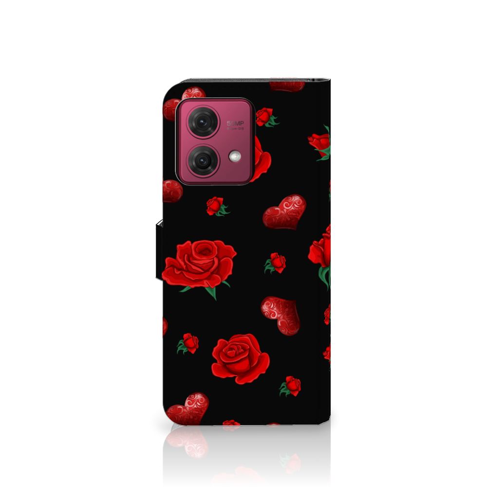 Motorola Moto G84 Leuk Hoesje Valentine bookcase design rozen hartjes aanzicht