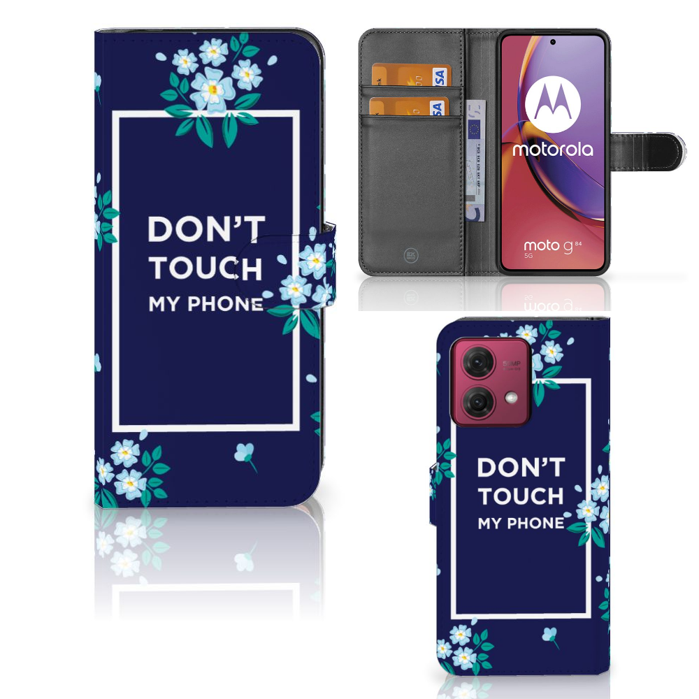 Motorola Moto G84 Portemonnee Hoesje Flowers Blue DTMP design bloemen navy voorkant achterzijde