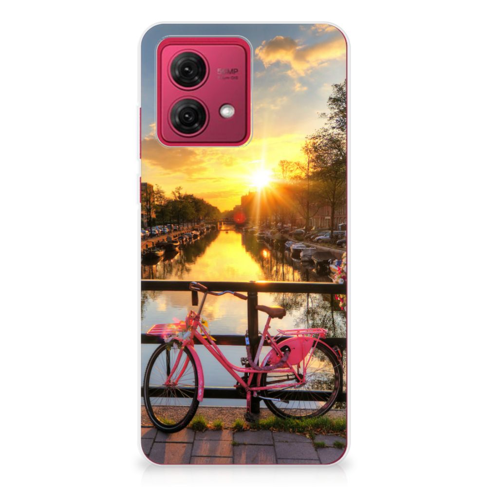 Motorola Moto G84 Siliconen Back Cover Amsterdamse Grachten fiets zonsondergang kanaal