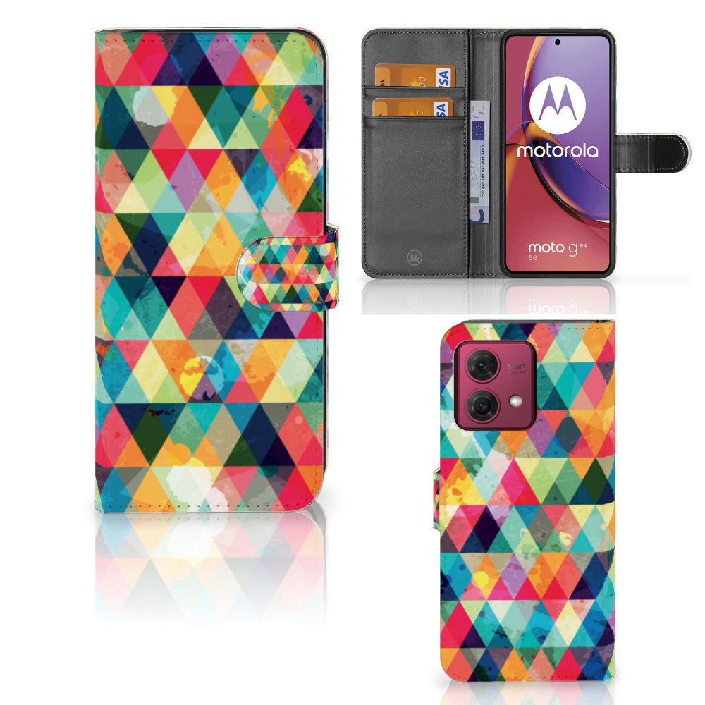Motorola Moto G84 Telefoon Hoesje Geruit met kleurrijk ruitjesdesign en ruimte voor 3 pasjes. 🎨