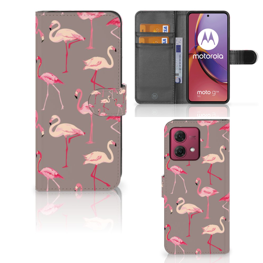 Motorola Moto G84 Telefoonhoesje met Pasjes Flamingo hoesje flamingo design voorkant binnenkant