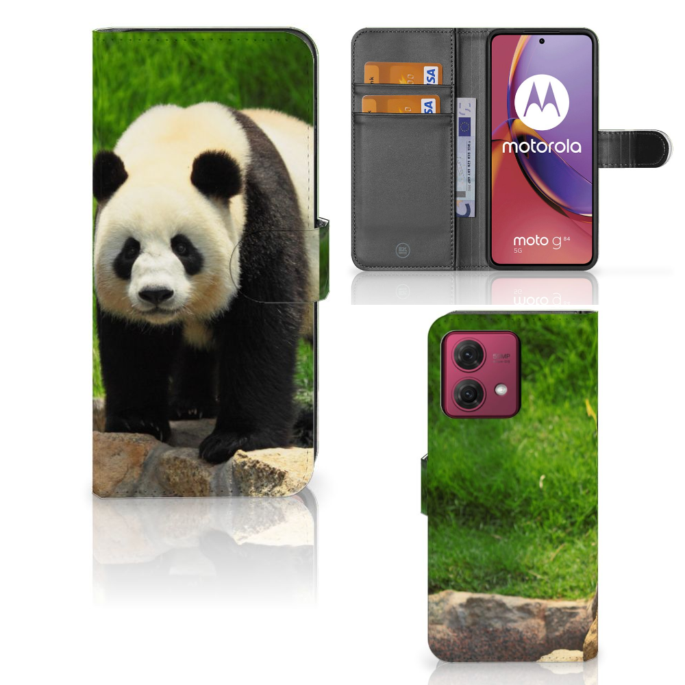 Motorola Moto G84 Telefoonhoesje met Pasjes Panda panda design zijkant voorkant