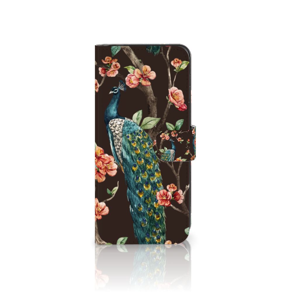Motorola Moto G84 Telefoonhoesje met Pasjes Pauw met Bloemen - artistiek design met pauw en bloemen voor bescherming en gebruiksgemak