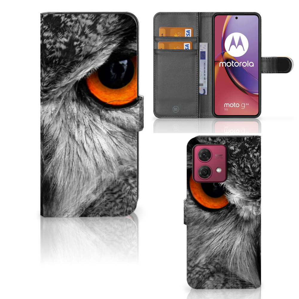 Motorola Moto G84 Telefoonhoesje met Pasjes Uil uil design voorkant achterkant