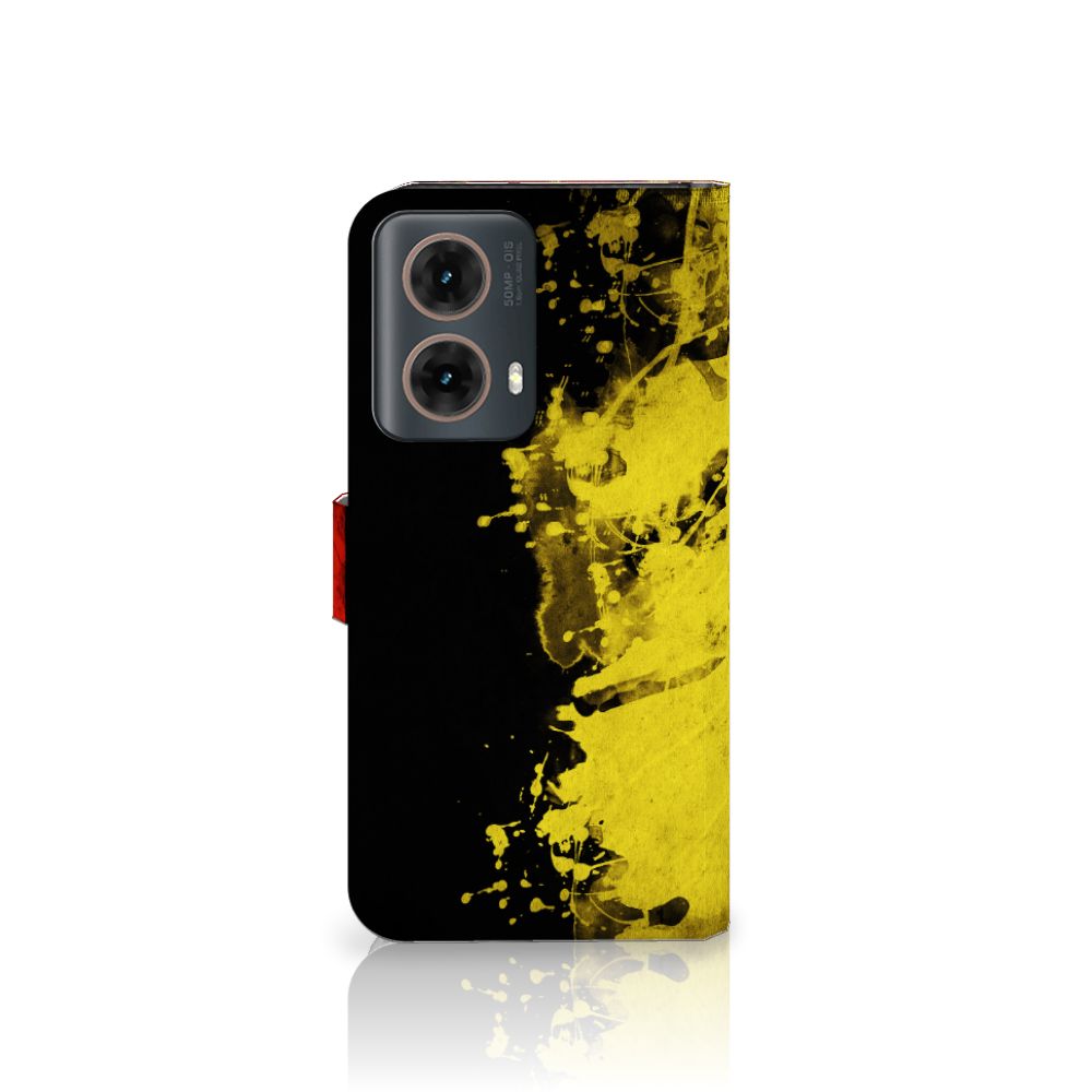 Motorola Moto G85 Bookstyle Case België design zwart geel aanzicht