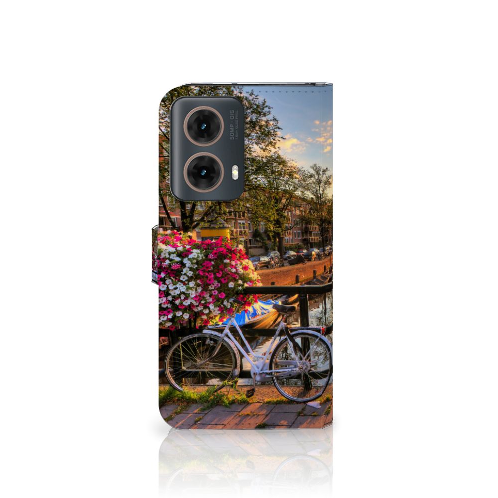 Motorola Moto G85 Flip Cover Amsterdamse Grachten design fiets bloemen aanzicht