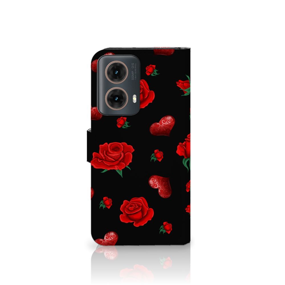 Motorola Moto G85 Leuk Hoesje Valentine boekhoes zwart rozen hartjes