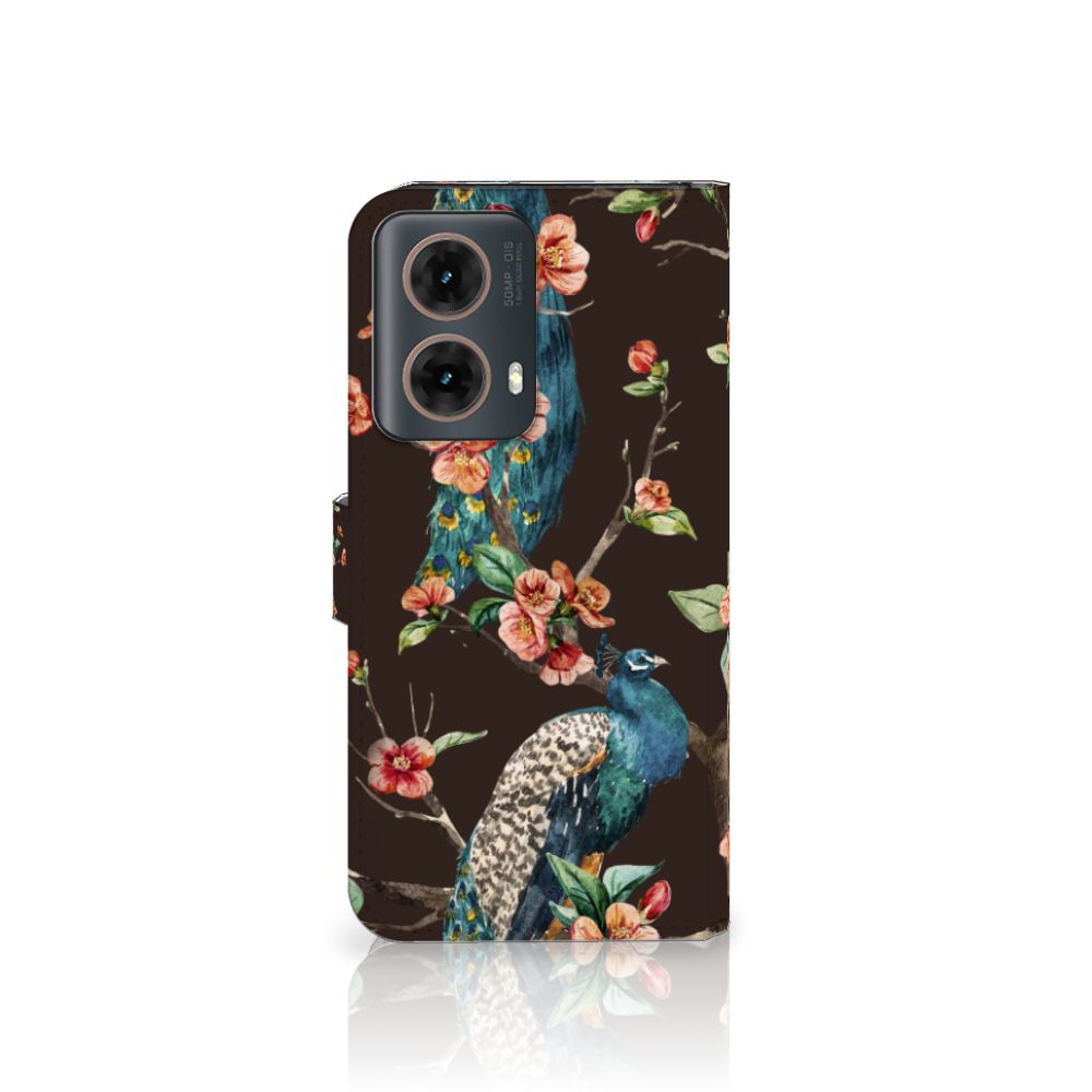 Motorola Moto G85 Telefoonhoesje met Pasjes Pauw met Bloemen telefoonhoesje pauw bloemen aanzicht