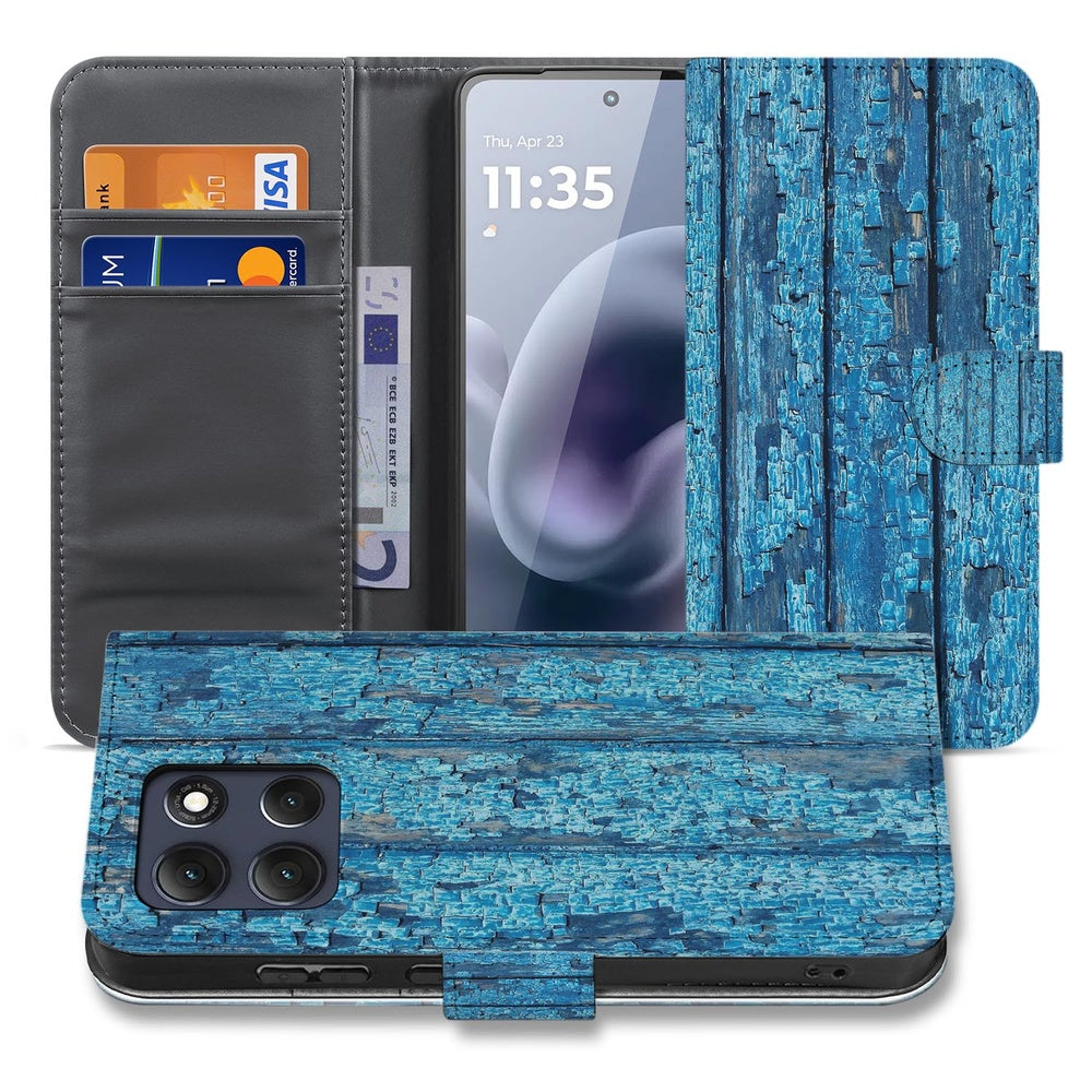 Motorola Moto G86 Book Case Hoesje Afgebladderd Blauw Hout Vooraanzicht.