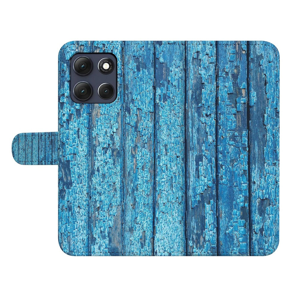 Motorola Moto G86 Book Case Hoesje Afgebladderd Blauw Hout Vooraanzicht.