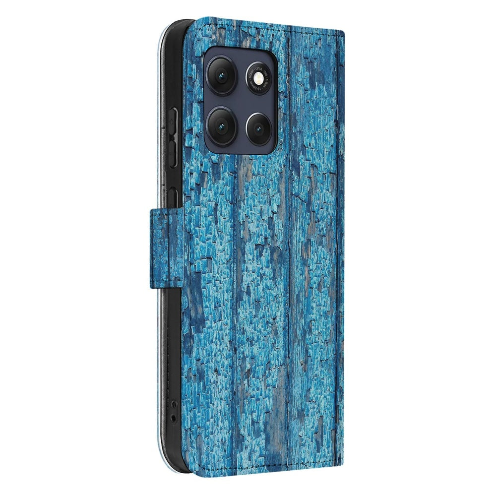 Motorola Moto G86 Book Case Hoesje Afgebladderd Blauw Hout Vooraanzicht.