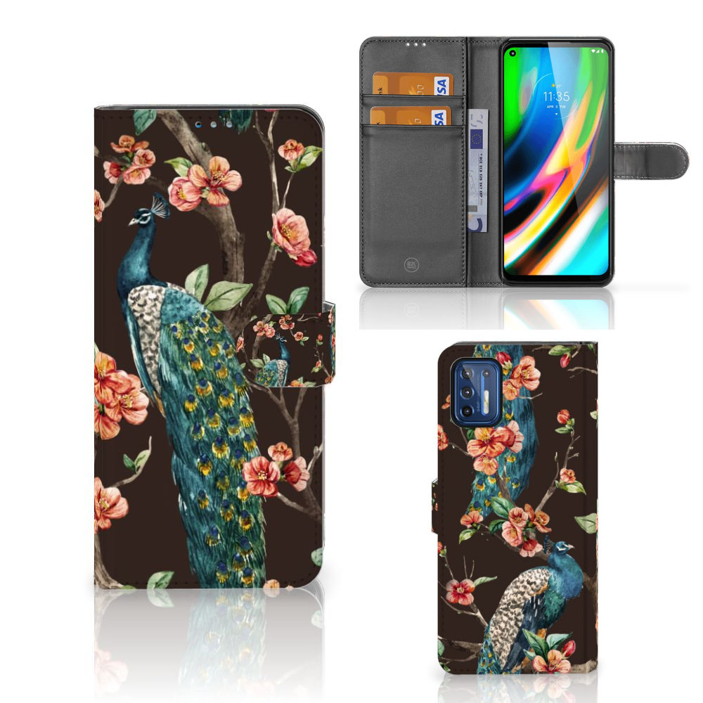 Motorola Moto G9 Plus Telefoonhoesje met Pasjes Pauw met Bloemen design pauw bloemen aanzicht