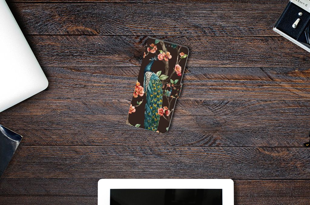 Motorola Moto G9 Plus Telefoonhoesje met Pasjes Pauw met Bloemen pauw bloemen design bovenaanzicht