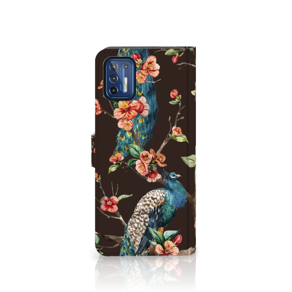 Motorola Moto G9 Plus Telefoonhoesje met Pasjes Pauw met Bloemen telefoonhoesje pauw bloemen aanzicht