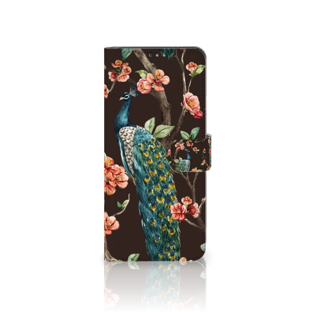 Motorola Moto G9 Plus Telefoonhoesje met Pasjes Pauw met Bloemen voorzijde