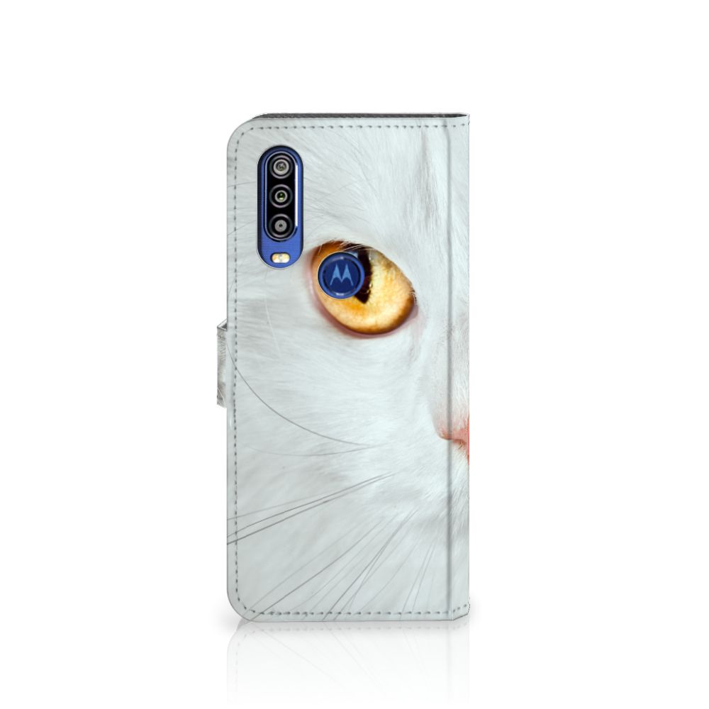 Motorola One Action Telefoonhoesje met Pasjes Witte Kat design witte kat aanzicht