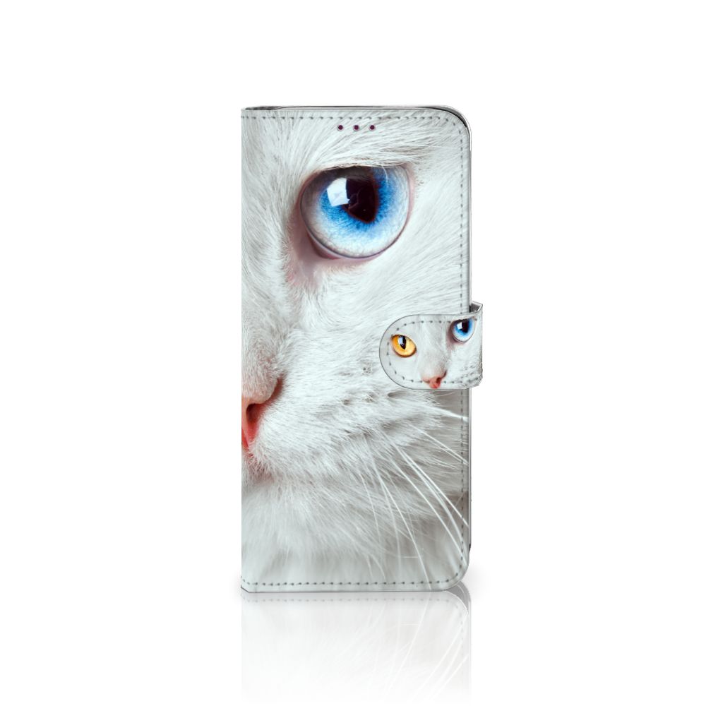 Motorola One Action Telefoonhoesje met Pasjes Witte Kat design witte kat aanzicht