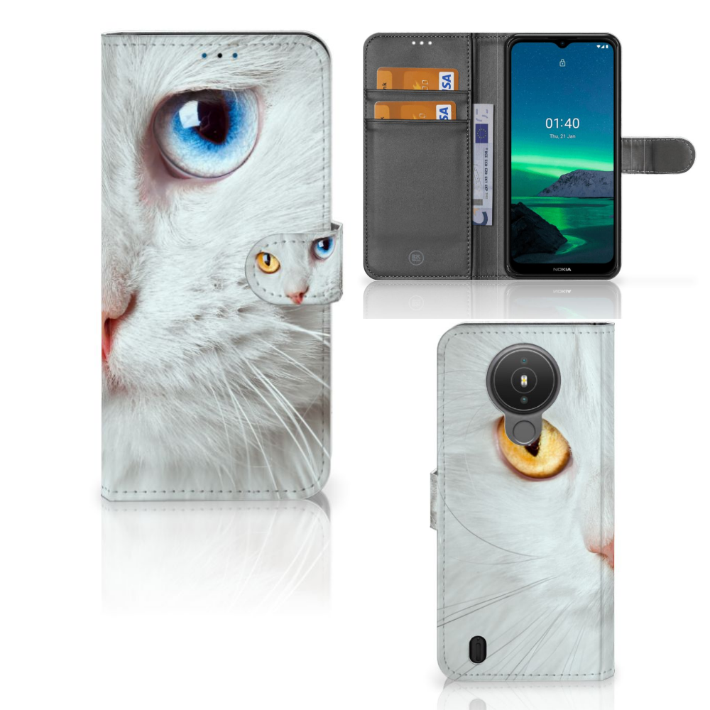 Nokia 1.4 Telefoonhoesje met Pasjes Witte Kat telefoonhoesje design witte kat aanzicht