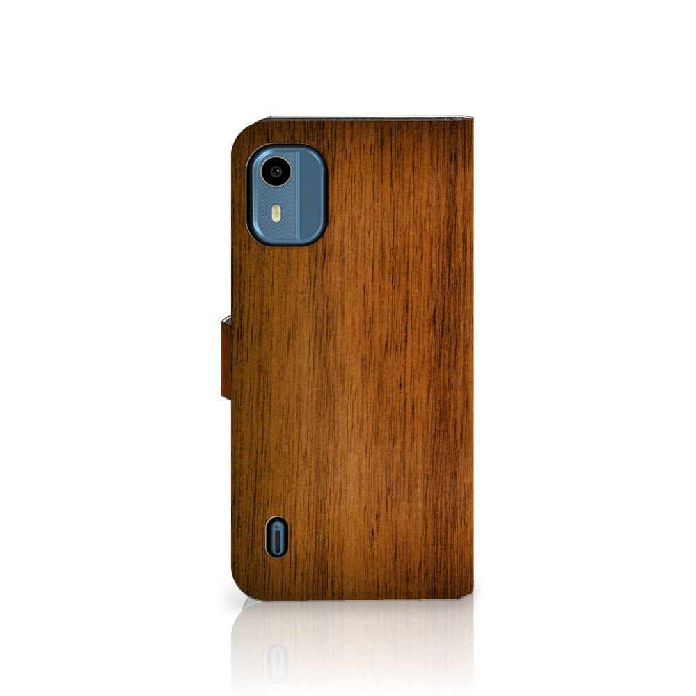 Nokia C12 Book Style Case Donker Hout Book Style Case Hout design achteraanzicht