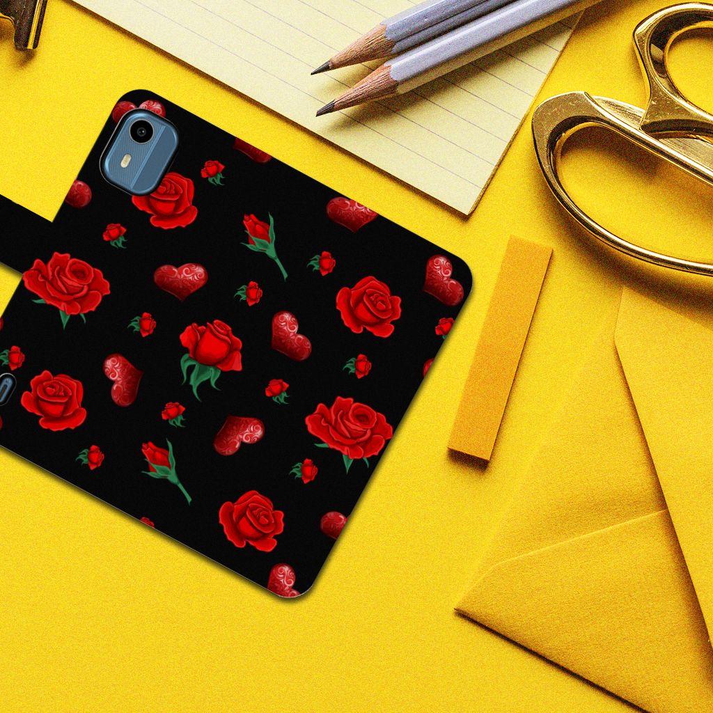 Nokia C12 Leuk Hoesje Valentine bookcase bloemen zwart