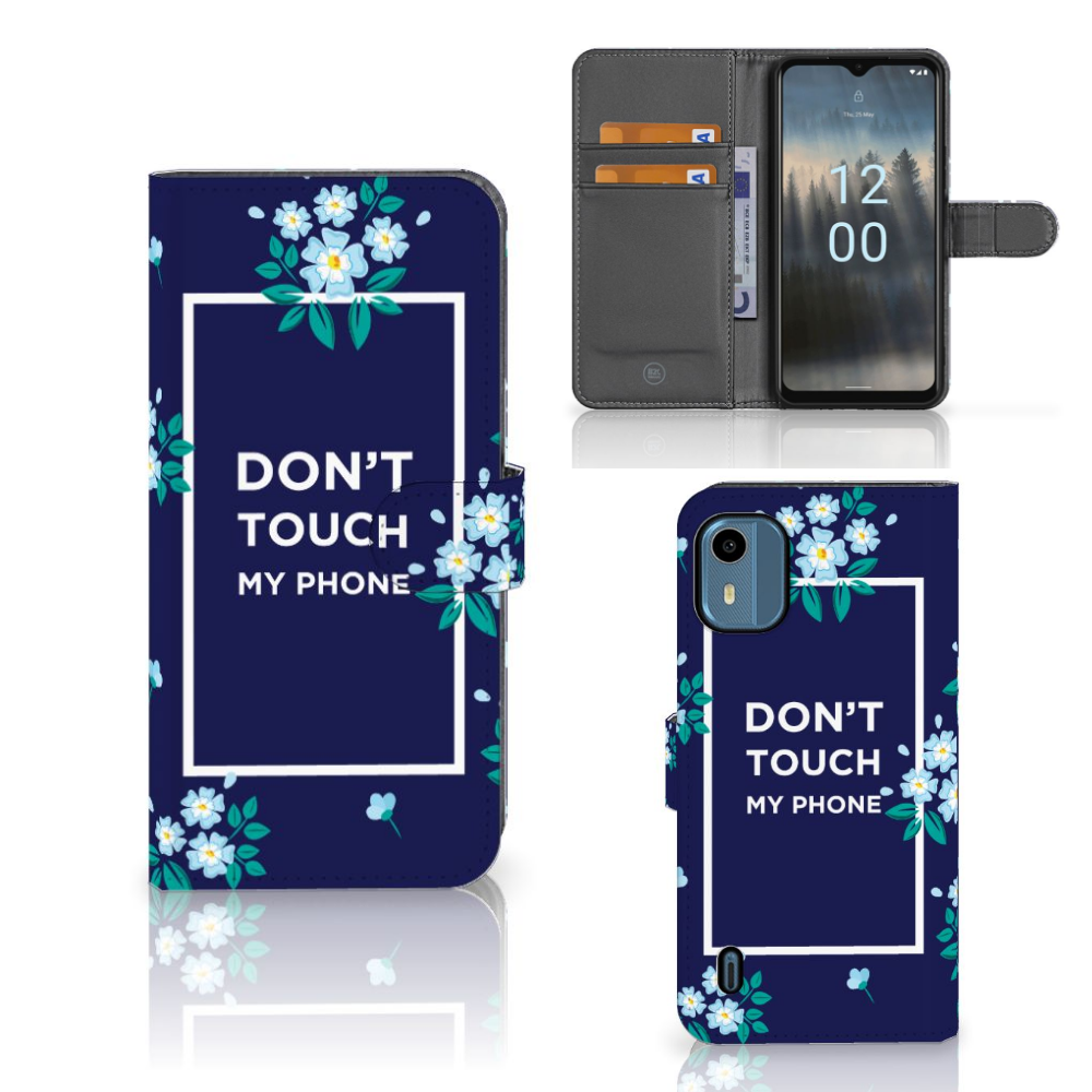 Nokia C12 Portemonnee Hoesje Flowers Blue DTMP bloemen blauw voorkant en achterkant