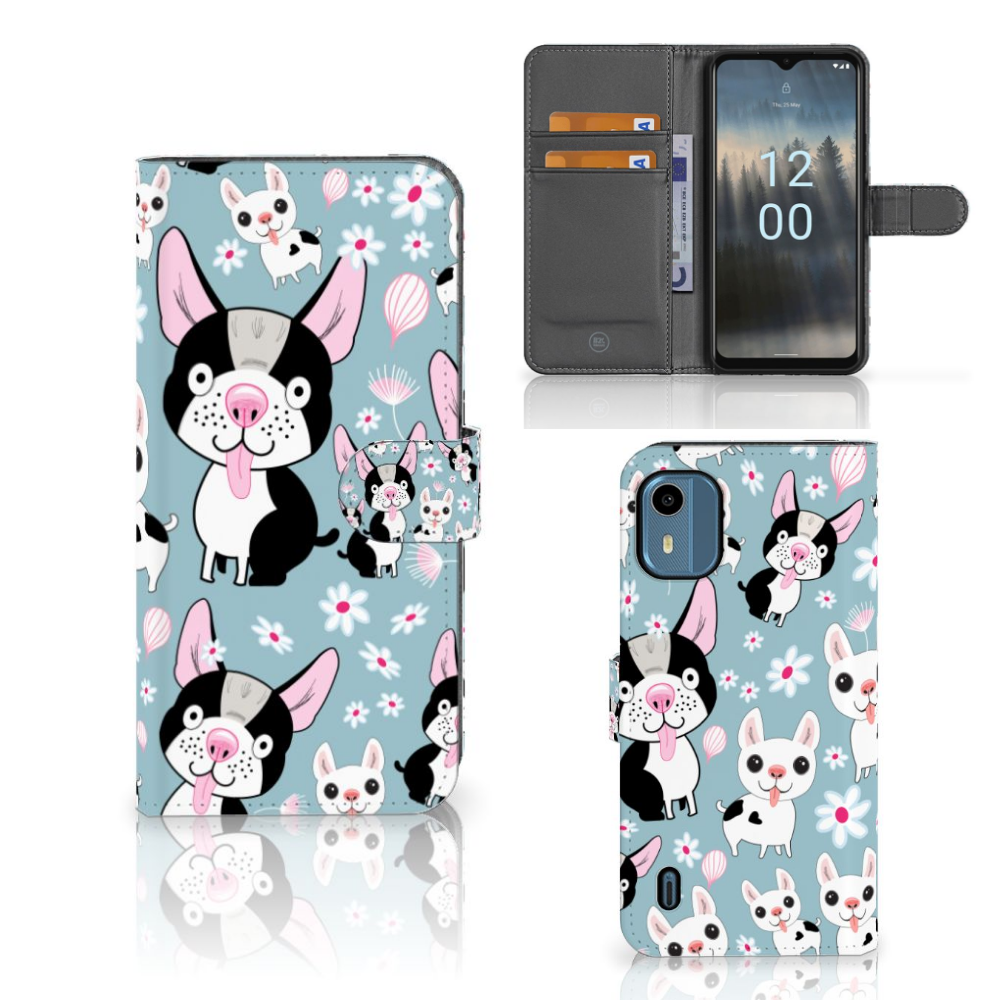 Nokia C12 Telefoonhoesje met Pasjes Hondjes telefoonhoesje cartoon honden vooraanzicht zijaanzicht