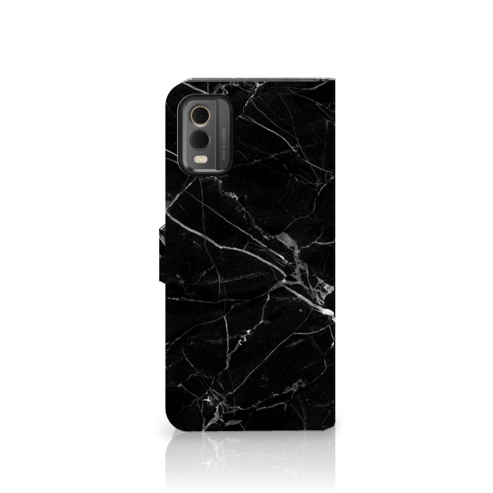 Nokia C32 Bookcase Marmer Zwart telefoonhoesje zwart marmer aanzicht