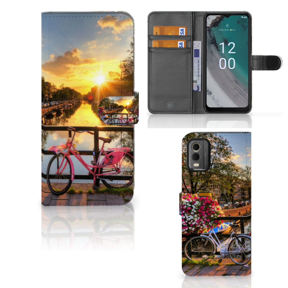 Nokia C32 Flip Cover Amsterdamse Grachten design fiets zonsondergang aanzicht