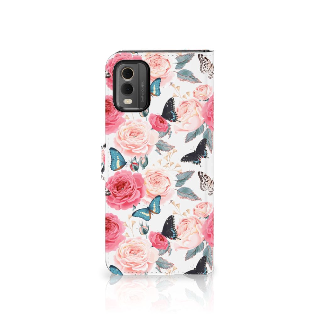 Nokia C32 Hoesje Butterfly Roses boekhoes met roze rozen vlinders aanzicht