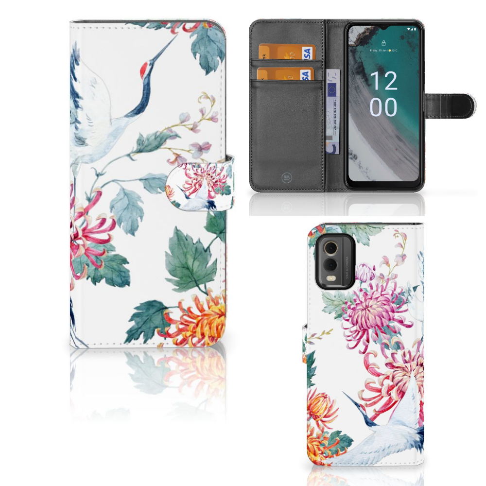Nokia C32 Telefoonhoesje met Pasjes Bird Flowers hoesje design bloemen tropisch aanzicht