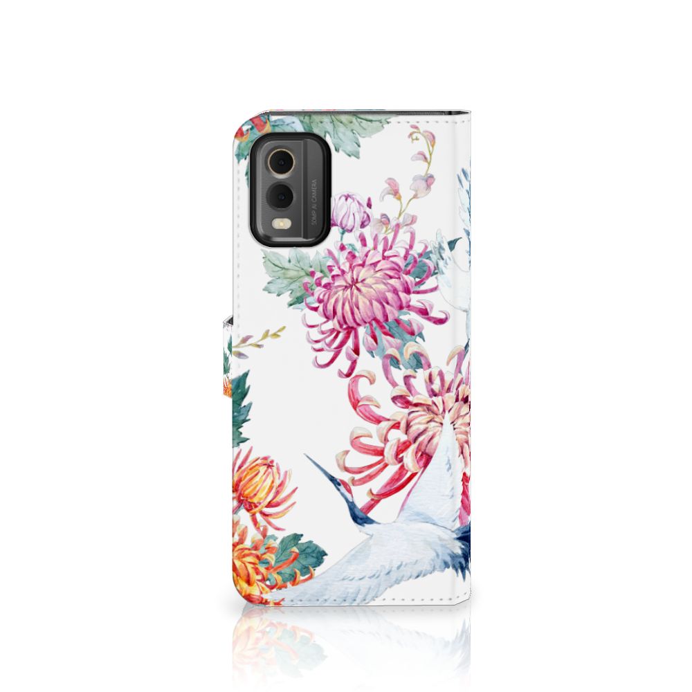 Nokia C32 Telefoonhoesje met Pasjes Bird Flowers design bloemen aanzicht