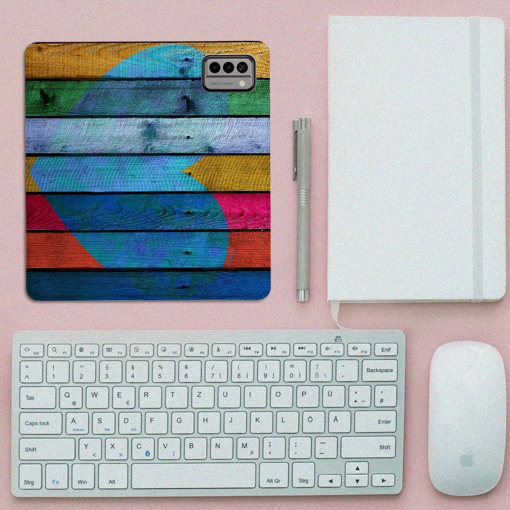 Nokia G22 Book Wallet Case Wood Heart smartphone hoesje kleurrijk bovenaanzicht