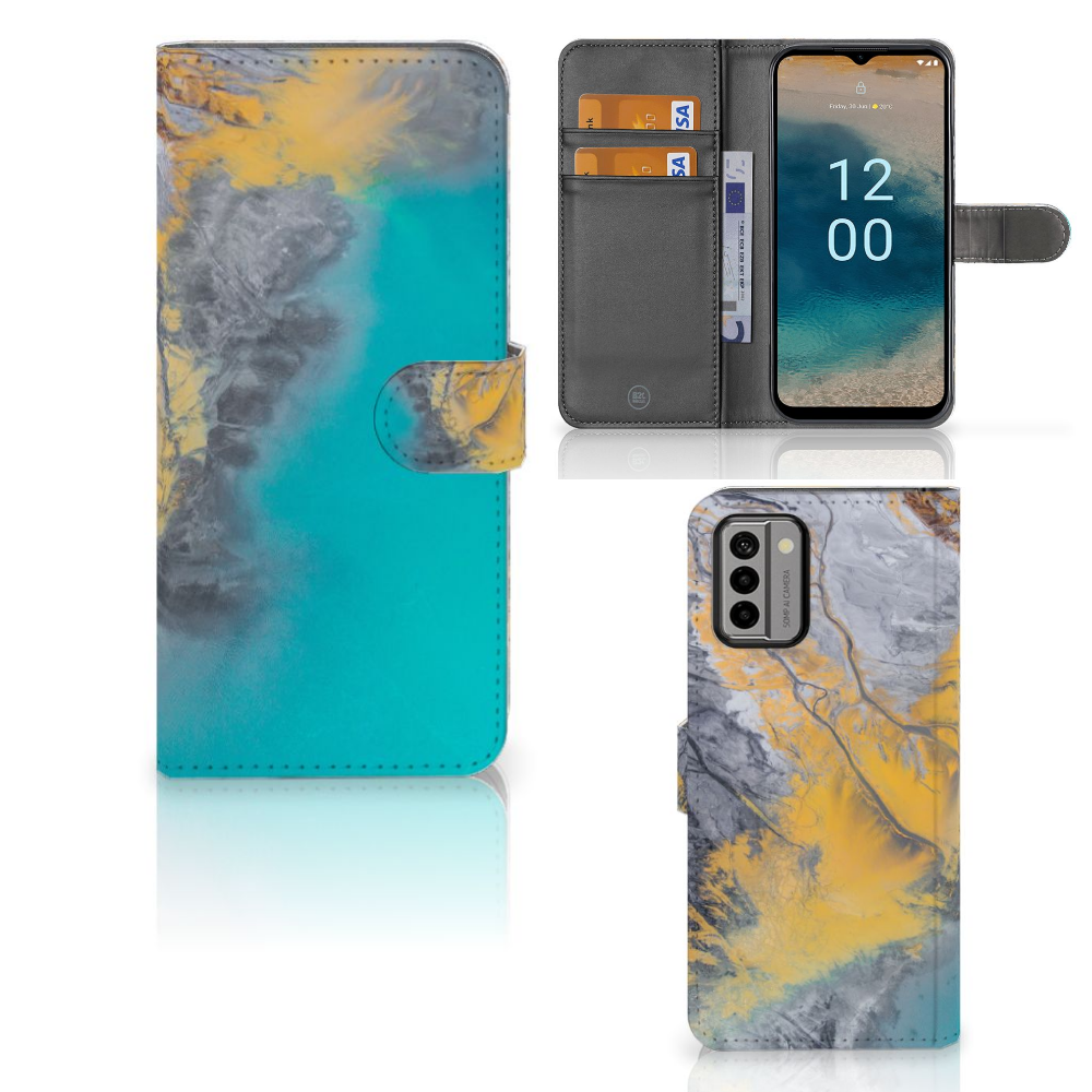 Nokia G22 Bookcase Marble Blue Gold met uniek marmerdesign, biedt bescherming en gebruiksgemak als cadeau.