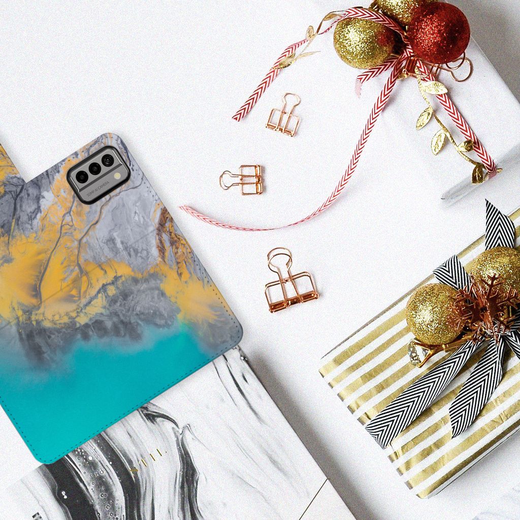 Nokia G22 Bookcase Marble Blue Gold: Stijlvol, duurzaam en perfect als cadeau voor gebruiksgemak! 🎁