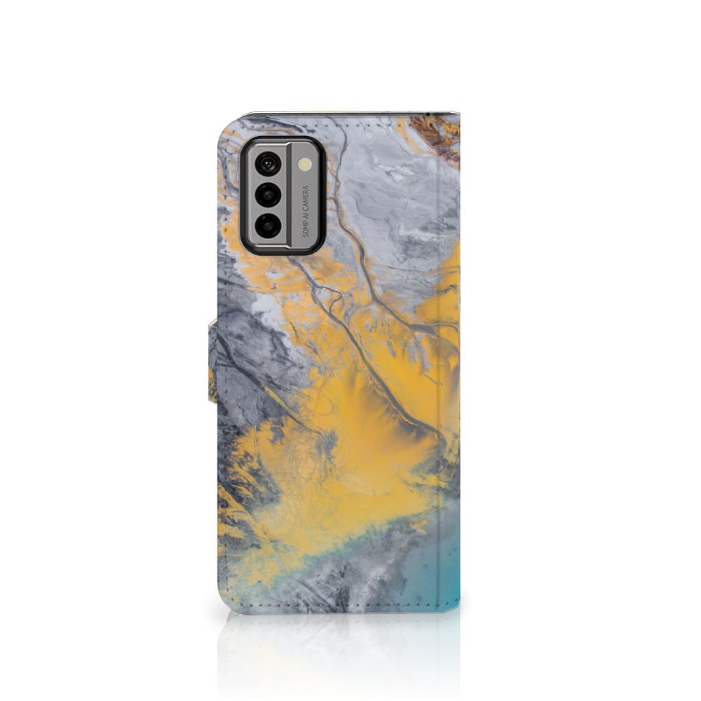 Nokia G22 Bookcase Marble Blue Gold met een stijlvolle marmerprint in blauw en goud, perfect voor cadeau en bescherming.