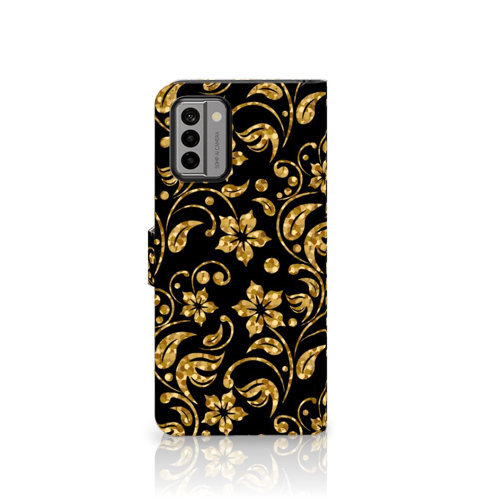 Nokia G22 Hoesje Gouden Bloemen telefoonhoesje gouden bloemen zijaanzicht