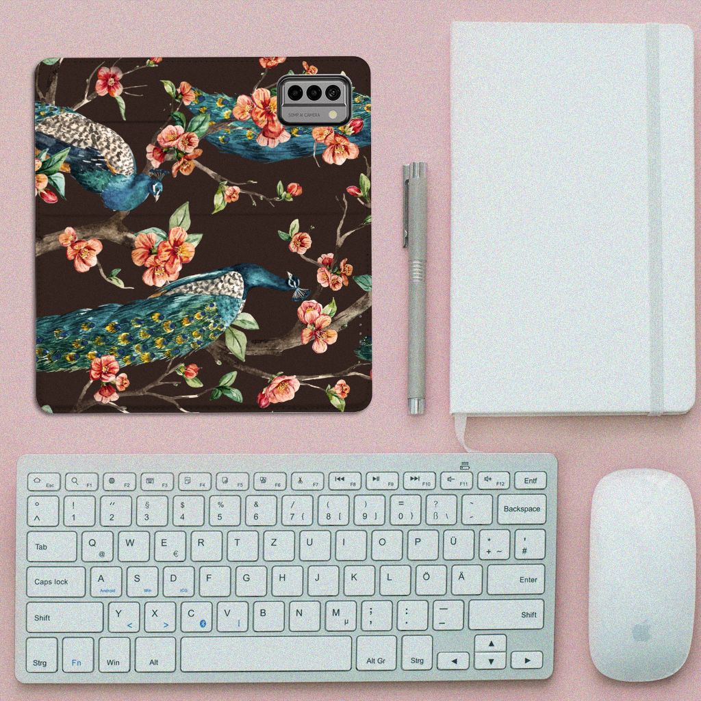 Nokia G22 Hoesje maken Pauw met Bloemen, kleurrijk design met pauwen en bloemen 🌸, perfect voor bescherming en stijl.