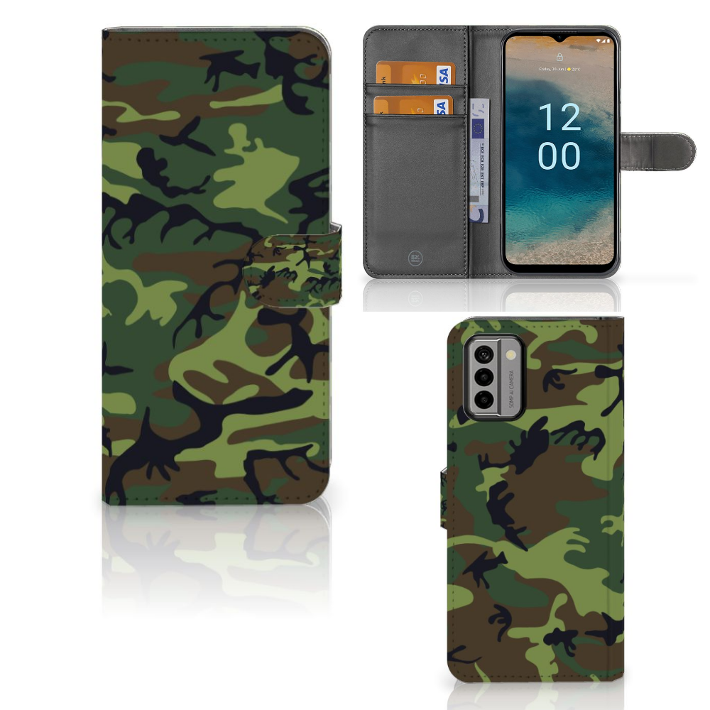 Nokia G22 Telefoon Hoesje Army Dark boekhoesje camouflage design voorkant en binnenkant